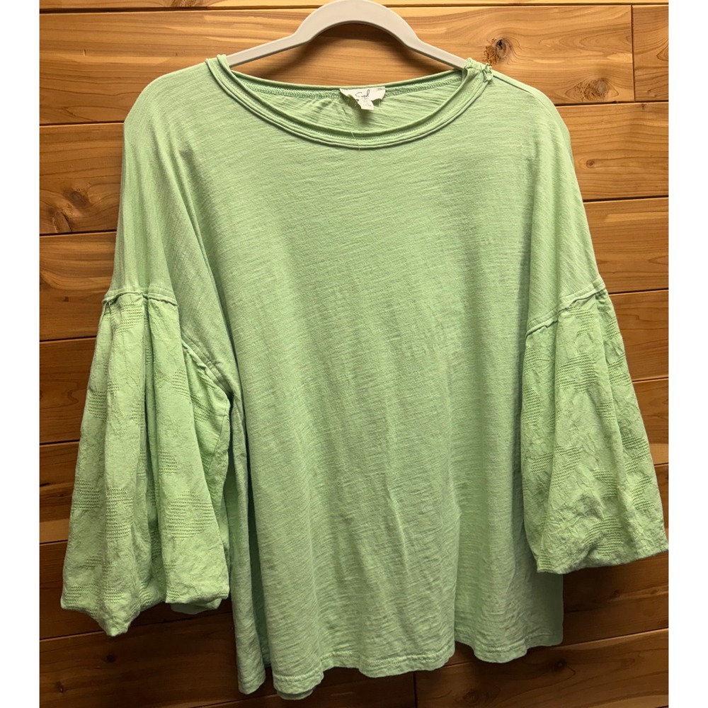 Easel Los Angeles Womens Medium Green Cotton Puff Sleeve Slub Knit Top - Picture 1 of 6